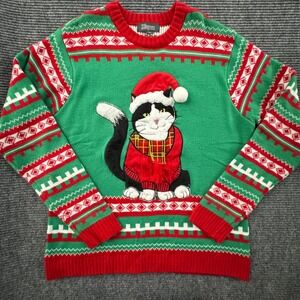 33 Degrees Ugly Christmas Sweater XL Green Cat Santa Hat 3D Action Tie E72814K